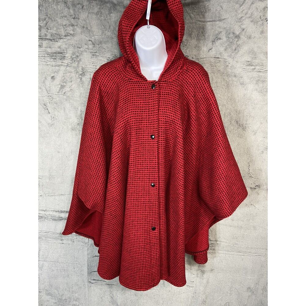 Vintage Coloratura Boston Thick Wool Red Dotted Oversized Hooded Cape Poncho 80s